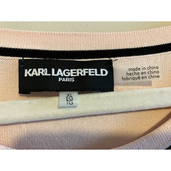 KARL LAGERFELD Black & Pale Pink Blush Striped Stretch Knit Top Sequins XL - Picture 4 of 6